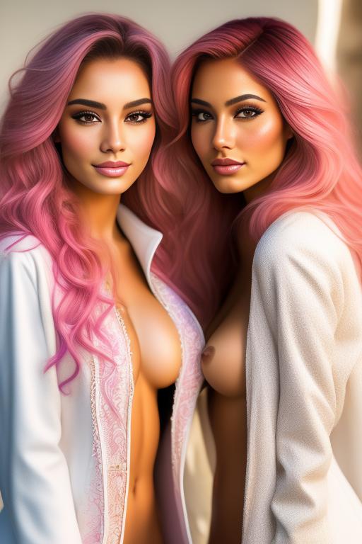 Image: Hair Color pastelPink Ethnicity Moroccan Art Style bestquality hyperdetailed ultradetailed Nsfw nsfw Nbrmodels Two top models Dressqty open whitejacket smiling  face close up
