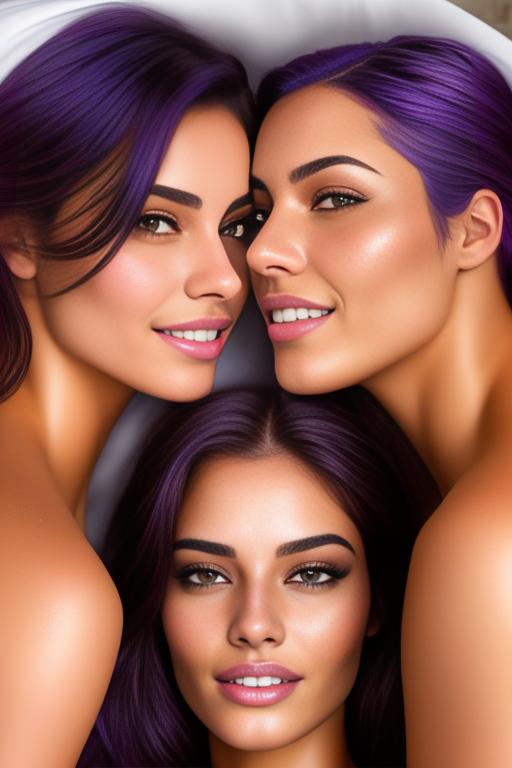 Image: Hair Color purple Ethnicity Moroccan Art Style bestquality hyperdetailed ultradetailed nsfw nsfw Nbrmodels Two top models in bed smiling  face close up shot from above  wet open mouth sucking