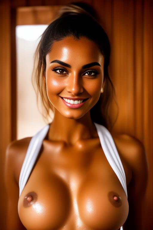 Image: one woman top model tanned Art Style bestquality camera shot face extreme closeup hyperdetailed ultradetailed Ethnicity Moroccan   sauna  white sports apparel  smiling holding touching  artStylebestquality hyperdetailed ultradetailed nsfwnsfw dressshirtliftv307 shirtlift