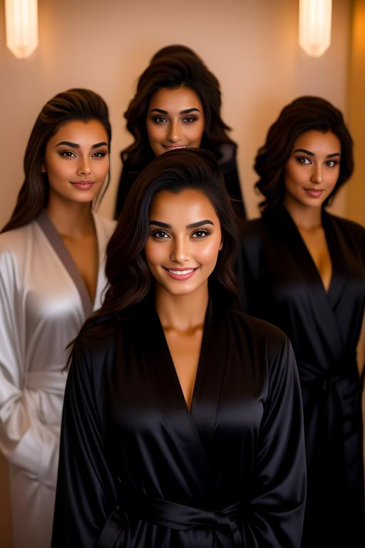 Image: Two Moroccan top model and masseuse close up smile standing at hotel massage room black closed bathrobe sfw