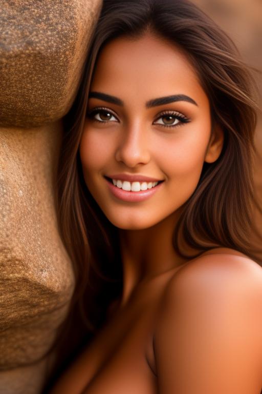 Image: Moroccan Top model beauty sports sexy  gentlesmile  face close up shot  eyes close up in rocky rocks no panties  shot from below open mouth   beautiful eyes face close up