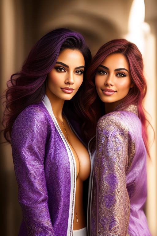 Image: Hair Color purple Ethnicity Moroccan Art Style bestquality hyperdetailed ultradetailed sfw sfw Nbrmodels Two top models Dressqty open jacket smiling   body close up from behind