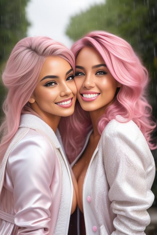 Image: Hair Color pastelPink Ethnicity Moroccan Art Style bestquality hyperdetailed ultradetailed Nsfw nsfw Nbrmodels Two top models Dressqty open whitejacket smiling  face close up kissing completely wet