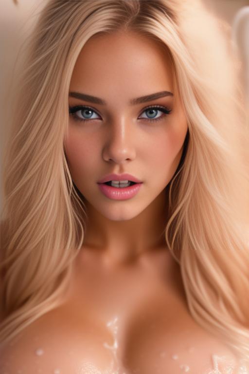 Image: russian blondes top models  face extreme closeup from close above  boobps  in bath  covered in cum  teasing look