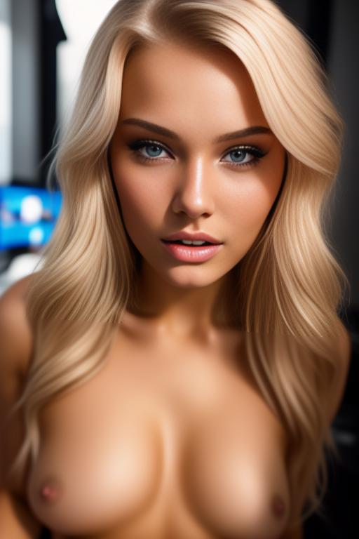 Image: russian blonde top model next to gaming pc from above face extreme closeup nude fingers
