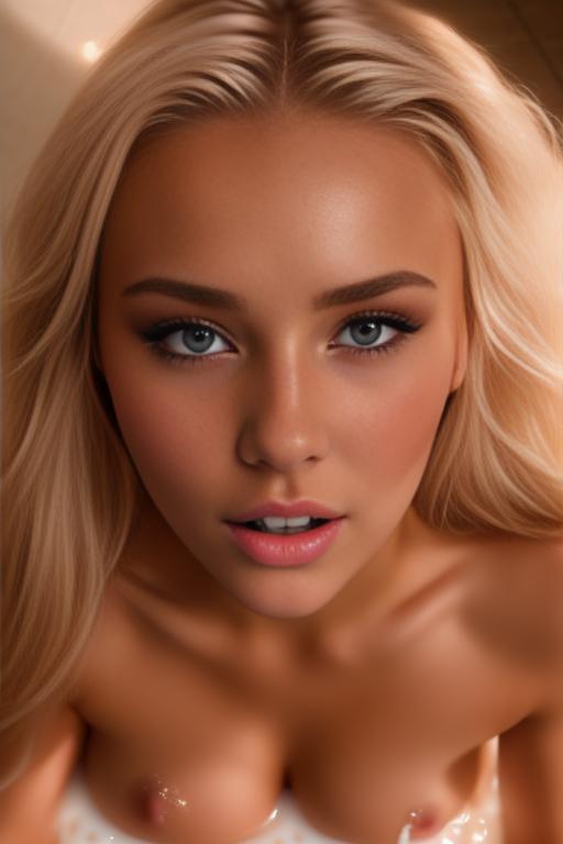 Image: russian blondes top models  face extreme closeup from close above  boobps  in bath  covered in cum  teasing look little smile