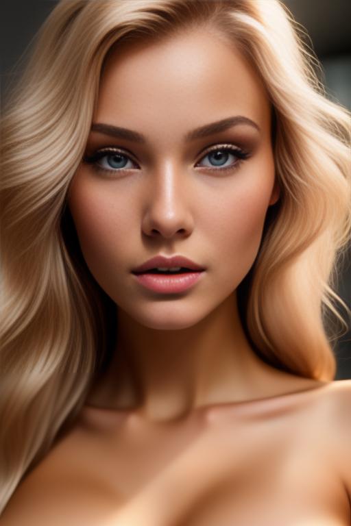 Image: russian blonde top model next to gaming pc from above face extreme closeup nude fingers