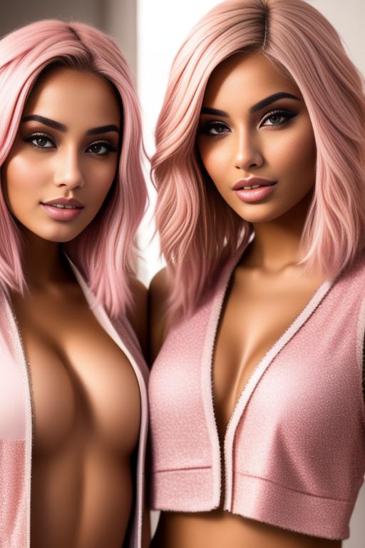 Image: two  moroccan sexy top models close up  blonde and pink hair open vest