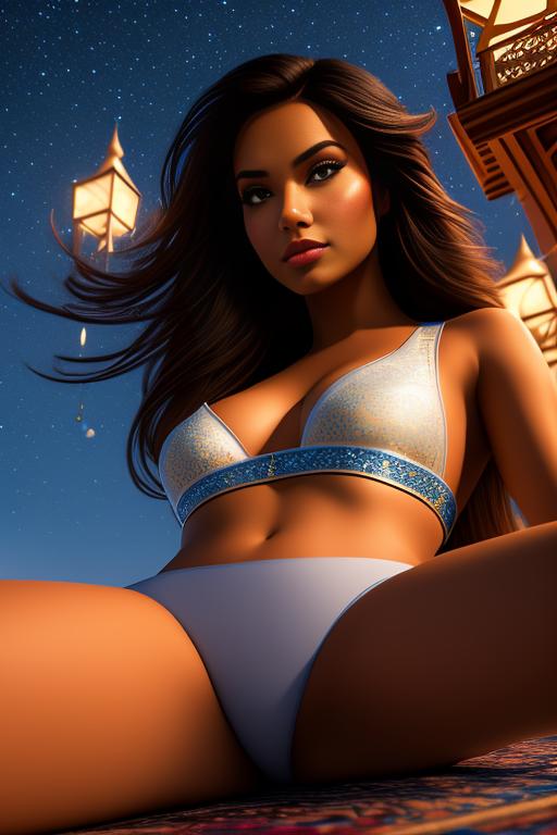 Jasmine Disney , laying on (flying  )  carpet high in night sky, camera from below looking upwards, nbr_models_one One Top Model, art_style_hyper_detailed Hyper Detailed, camera_close_up Close-Up