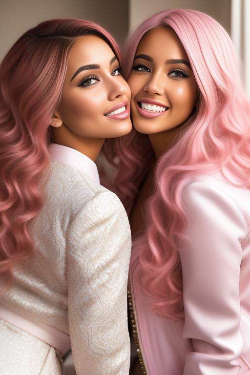 Image: Hair Color pastelPink Ethnicity Moroccan Art Style bestquality hyperdetailed ultradetailed Nsfw nsfw Nbrmodels Two top models Dressqty open whitejacket smiling  face close up kissing masturbating pussy