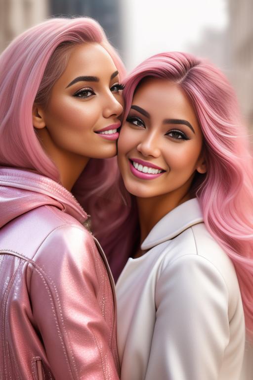 Image: Hair Color pastelPink Ethnicity Moroccan Art Style bestquality hyperdetailed ultradetailed Nsfw nsfw Nbrmodels Two top models Dressqty open whitejacket smiling  face close up kissing completely wet