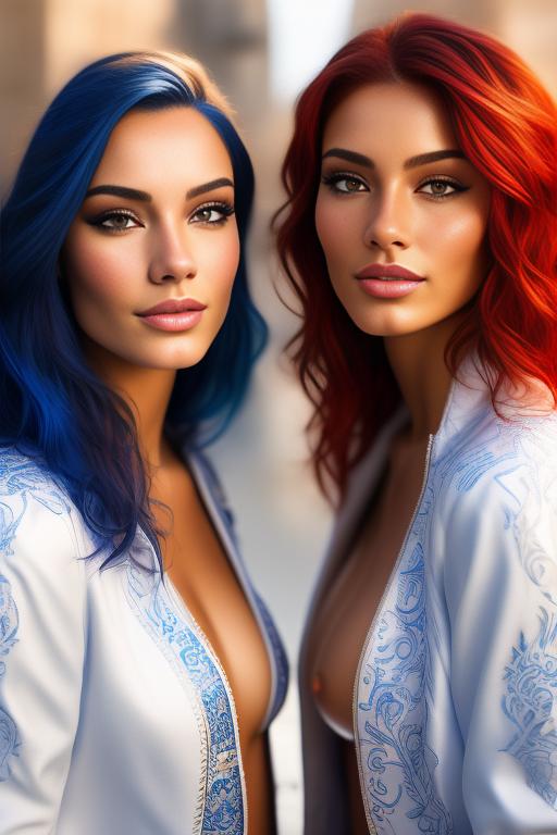 Image: Hair Color blue and red Ethnicity Moroccan Art Style bestquality hyperdetailed ultradetailed Nsfw nsfw Nbrmodels Two top models Dressqty open whitejacket smiling  face close up