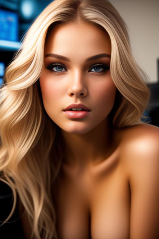 Image: russian blonde top model next to gaming pc  from below facecloseup hot