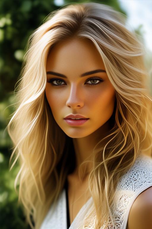 Image: Blonde  nbrmodelsone One Top Model ethnicitycaucasian Caucasian backgroundgarden Garden artstylehyperdetailed Hyper Detailed camerafacecloseup Face CloseUp