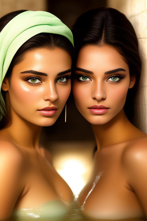 Image: two moroccan top models  goergeous light green eyes face close up in bath
