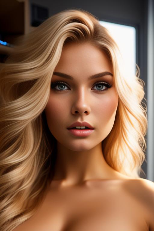 Image: russian blonde top model next to gaming pc from below facecloseup hot