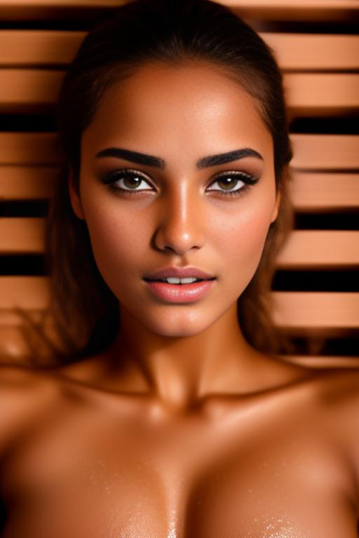 Image: Female Moroccan top model  face close up  in  sauna nude shot from above  open mouth dry covered sperm beautiful eyes