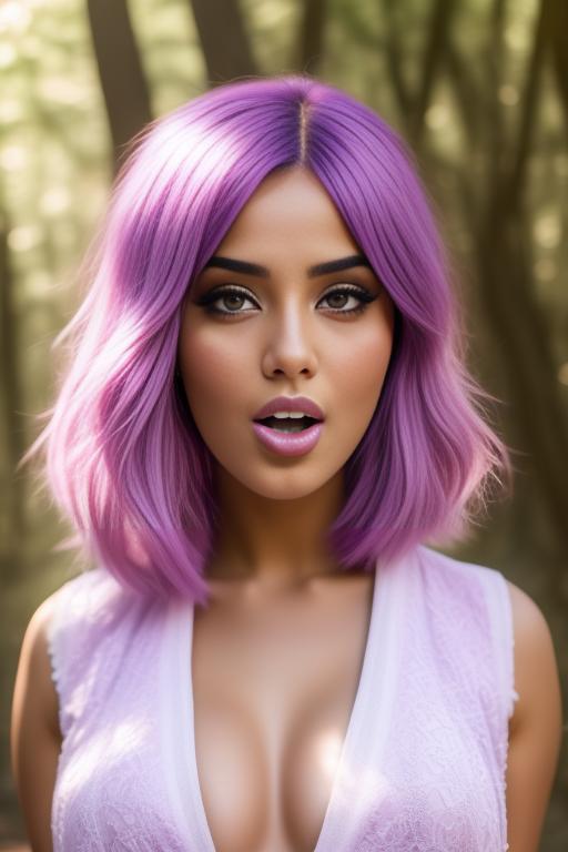 Image: Two beautiful Moroccan  top models in sunny woods purple and pink hairclose up white open vest sexy open mouth sucking fucking