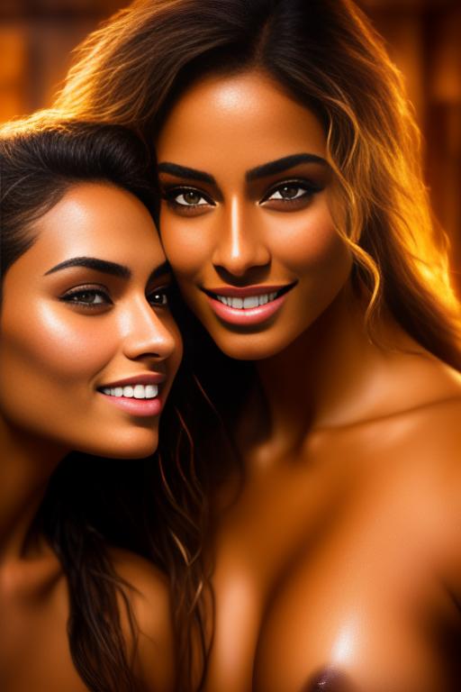Image: two woman top models cudling touching   tanned Art Style bestquality hyperdetailed ultradetailed Ethnicity Moroccan  Camera  face closeup   hair long laughing sauna black shirt