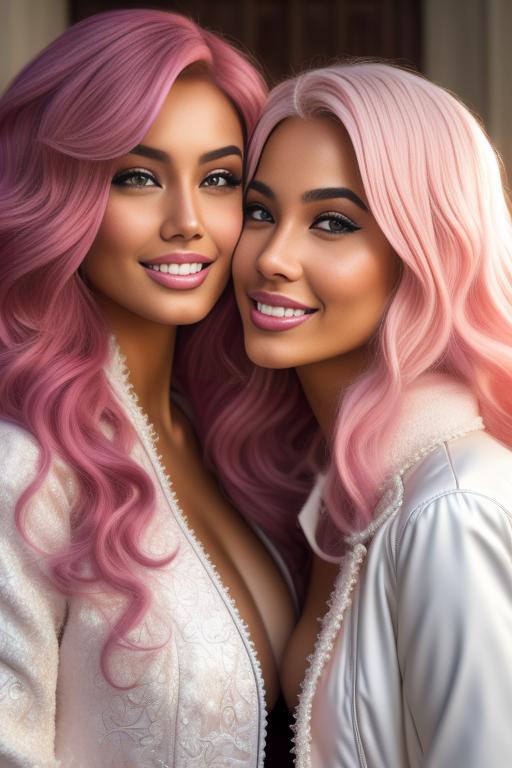 Image: Hair Color pastelPink Ethnicity Moroccan Art Style bestquality hyperdetailed ultradetailed Nsfw nsfw Nbrmodels Two top models Dressqty open whitejacket smiling  face close up kissing