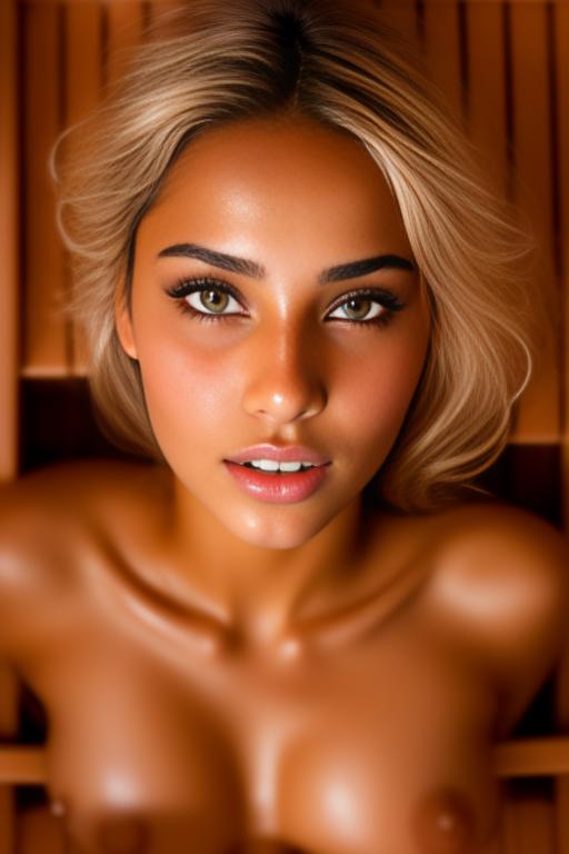 Image: Female Moroccan top model  face close up   kneeling in  sauna nude shot from above  open mouth dry hair covered sperm beautiful eyes