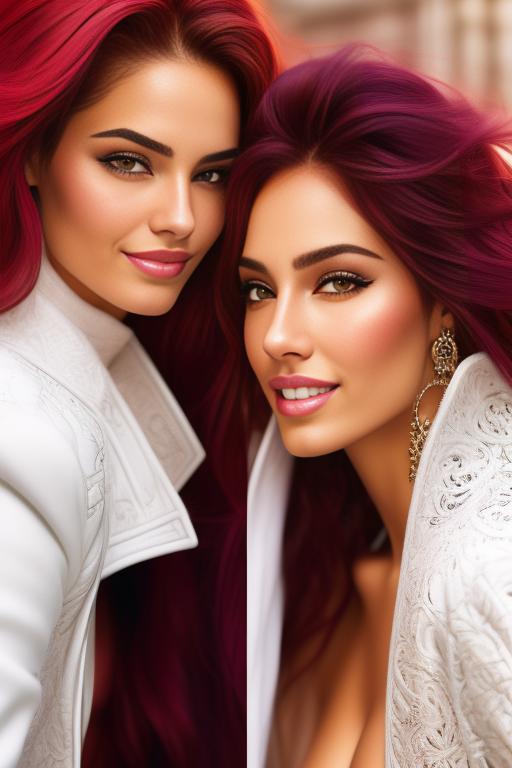 Image: Hair Color fushia Ethnicity Moroccan Art Style bestquality hyperdetailed ultradetailed Nsfw nsfw Nbrmodels Two top models Dressqty open whitejacket smiling  face close up
