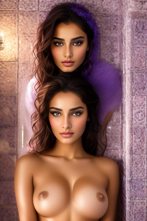 Image: two moroccan top models  goergeous eyes face close up in bath purple decor kissing boobs