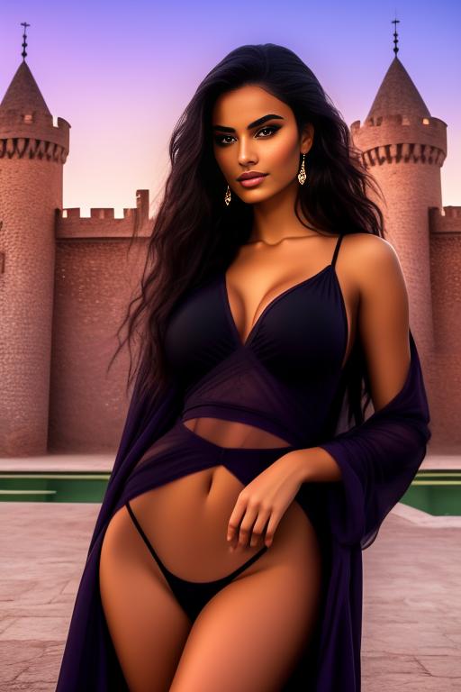 Image: two moroccan top models purple sunset castle fantasy extreme closeup face eyes  balck clothes smile legsdress nude sex