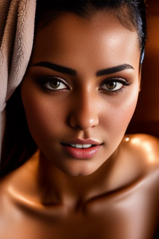 Image: Two  female Moroccan top models  face close up shot  wet kneeling in massage sauna black open bathrobe showing body  shot from above  teasing expression