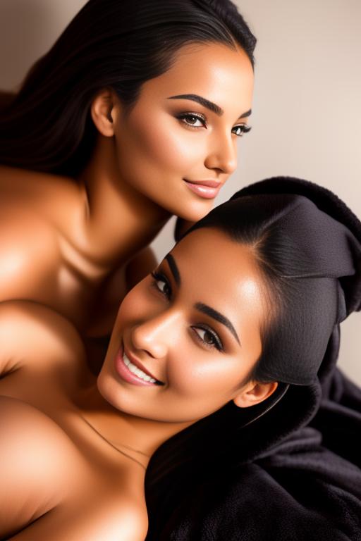 Image: Two hot female Moroccan top model and masseuse close up smile sitting  at massage room black closed bathrobe