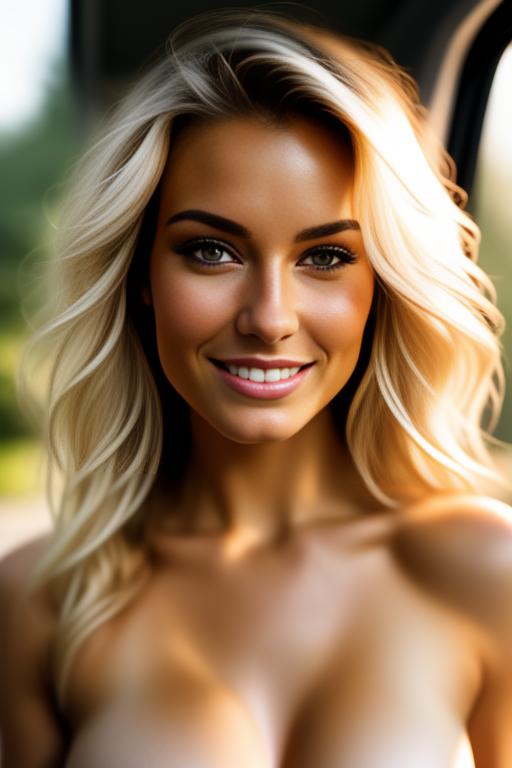 Image: blonde  nbrmodelsone One Top Model ethnicitycaucasian Caucasian dressnaked Naked positionsmiling Smiling backgroundcar Car backgroundgarden Garden artstylehyperdetailed Hyper Detailed cameracloseup CloseUp cameraextremecloseup Extreme CloseUp camerafacecloseup Face CloseUp