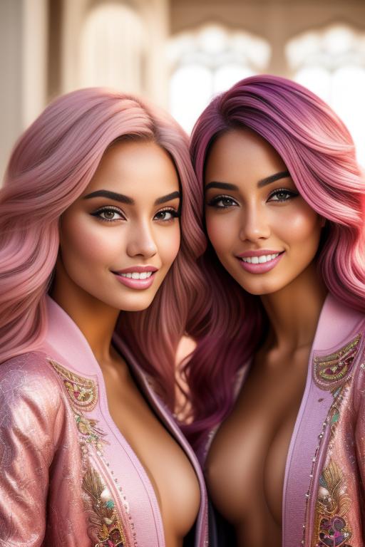 Image: Hair Color pastelPink Ethnicity Moroccan Art Style bestquality hyperdetailed ultradetailed Nsfw nsfw Nbrmodels Two top models Dressqty open jacket smiling  face close up