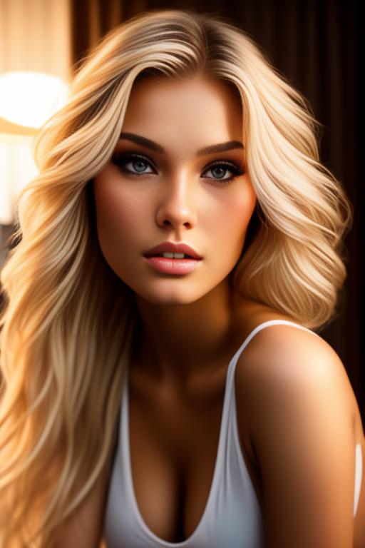 Image: russian blonde top model next to gaming pc  from below facecloseup hot
