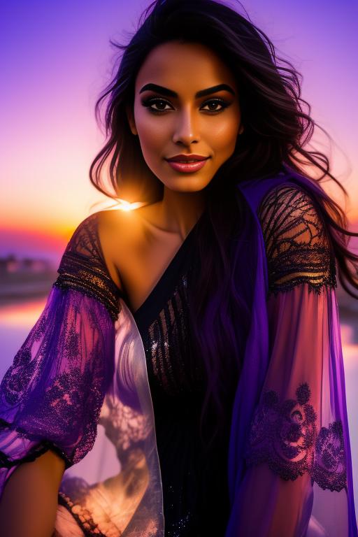Image: two moroccan top models purple sunset castle fantasy extreme closeup face eyes  black clothes smile legsdresstransparent tshirt