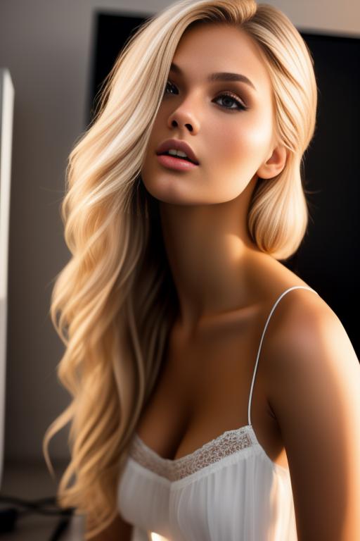 Image: russian blonde top model next to gaming pc from below facecloseup hot