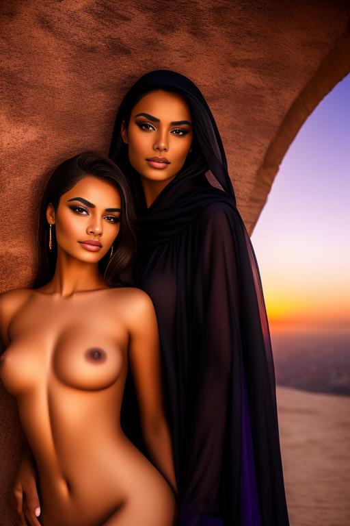 Image: two moroccan top models purple sunset castle fantasy extreme closeup face eyes  balck clothes smile legsdress nude sex