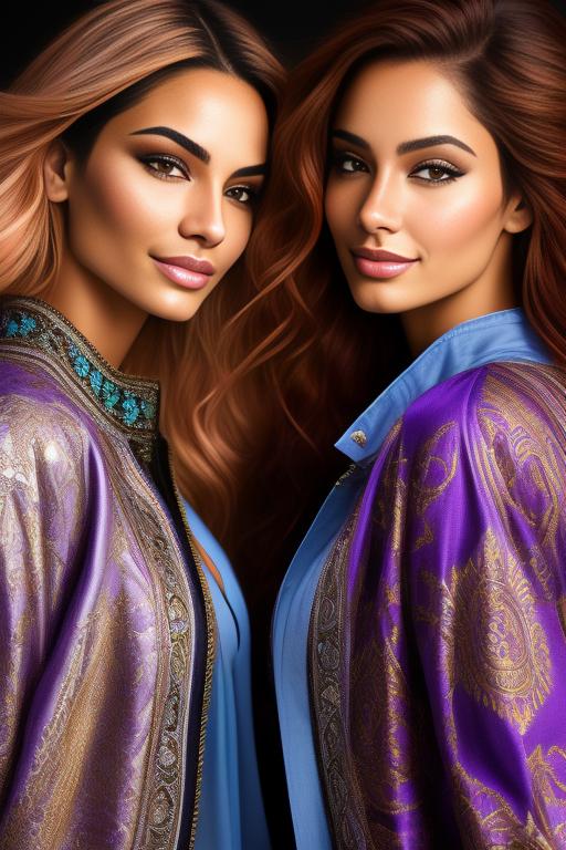 Image: Hair Color purple Ethnicity Moroccan Art Style bestquality hyperdetailed ultradetailed sfw sfw Nbrmodels Two top models Dressqty open jacket smiling  face close up