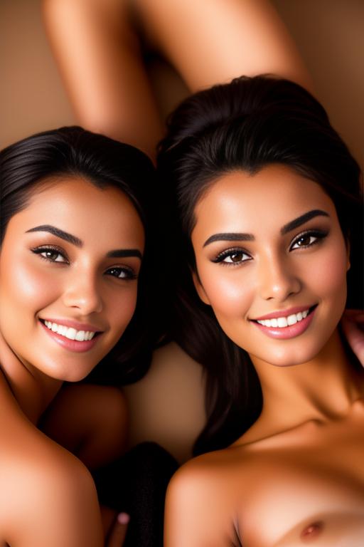 Image: Two hot female Moroccan top model and masseuse close up smile laying at massage room black open bathrobe spread legs