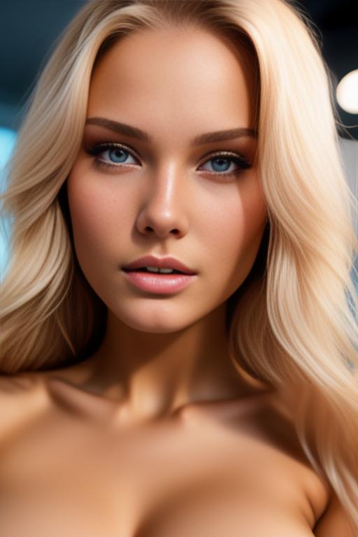 Image: russian blonde top model next to gaming pc  from above face extreme closeup   nude fingers