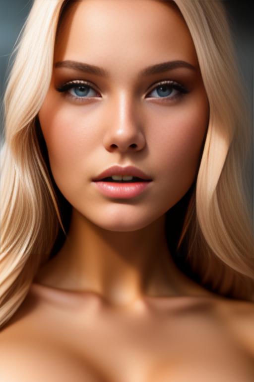 Image: russian blonde top model next to gaming pc from above face extreme closeup nude fingers