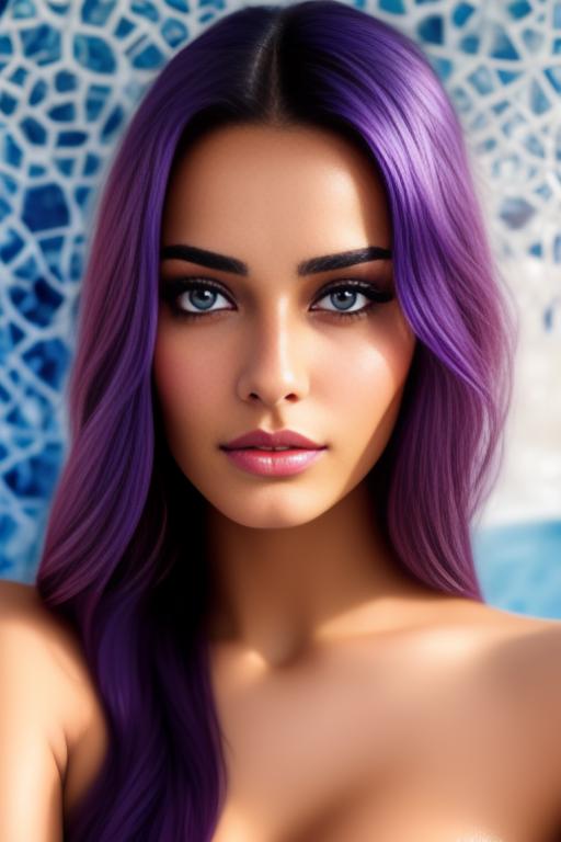 Image: two moroccan top models  goergeous eyes face close up in bluebath purple decor kissing boobs