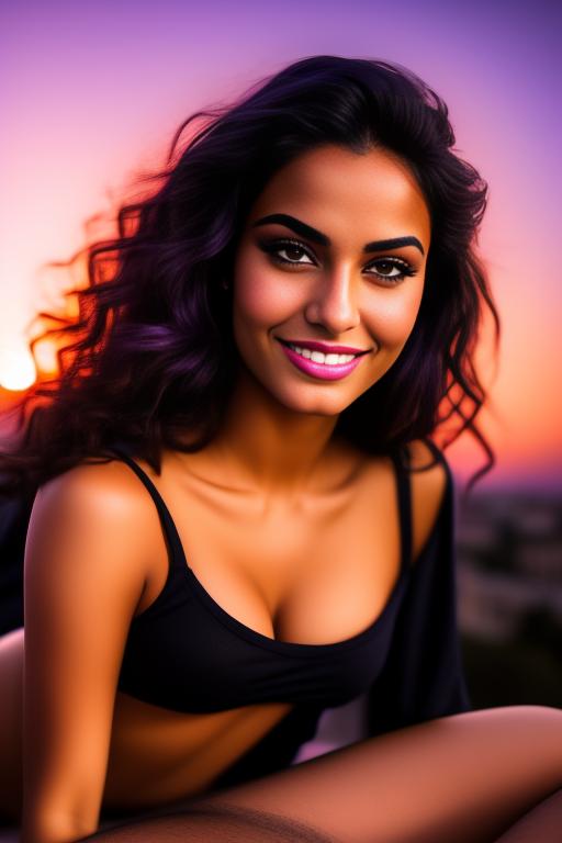 Image: two moroccan top models purple sunset castle fantasy extreme closeup face eyes  balck clothes smile legs  positionLickingOralLoRA05 lickingoral