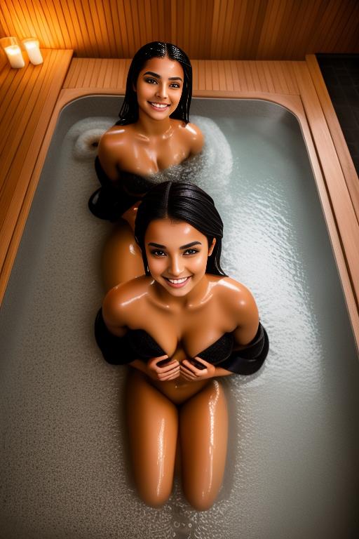 Image: Two  female Moroccan top models  close up shot  wet smile kneeling in massage sauna black open bathrobe showing body  shot from above
