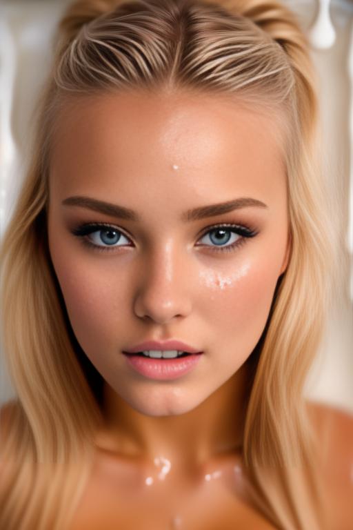 Image: russian blondes top models  face extreme closeup from close above  boobps  in bath  covered in cum  teasing look