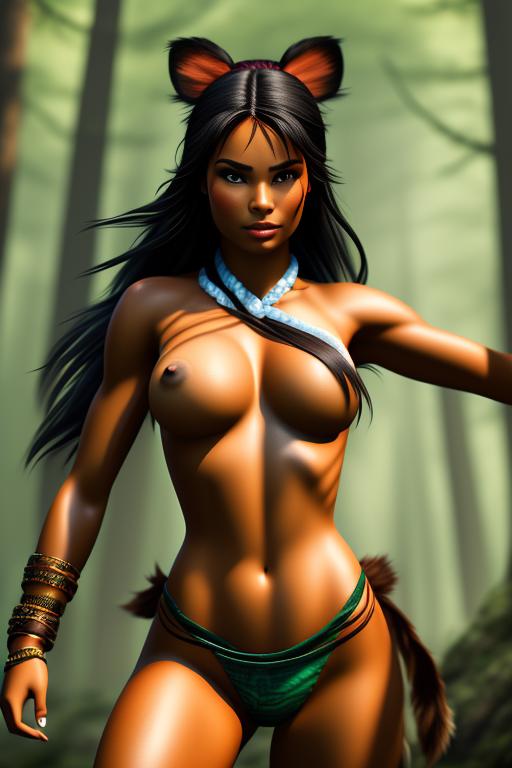 Pocahontas Disney , chasing with bow , fighting with bear, legs, torn open clothes, nbr_models_one One Top Model, art_style_hyper_detailed Hyper Detailed, camera_close_up Close-Up
