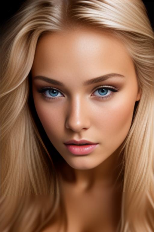 Image: russian blonde top model next to gaming pc from above face extreme closeup nude fingers