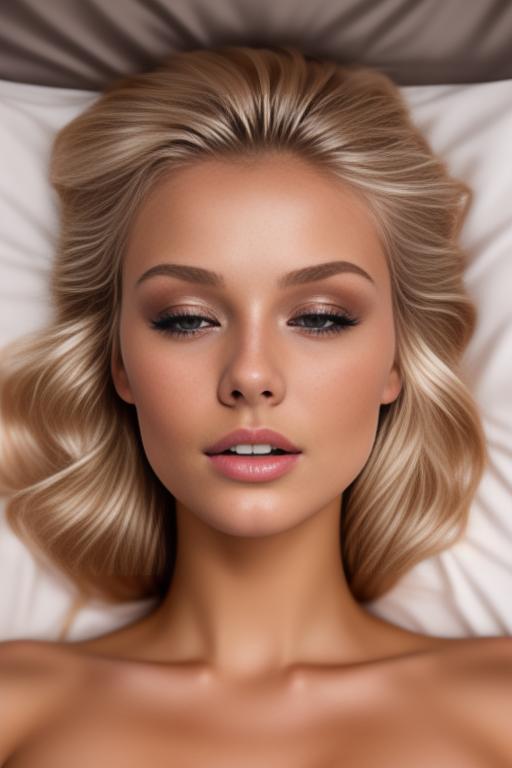 Image: russian blonde top model next to gaming pc  from above closeup   nude  laying down on back in bed spreading legs closing eyes hands touching