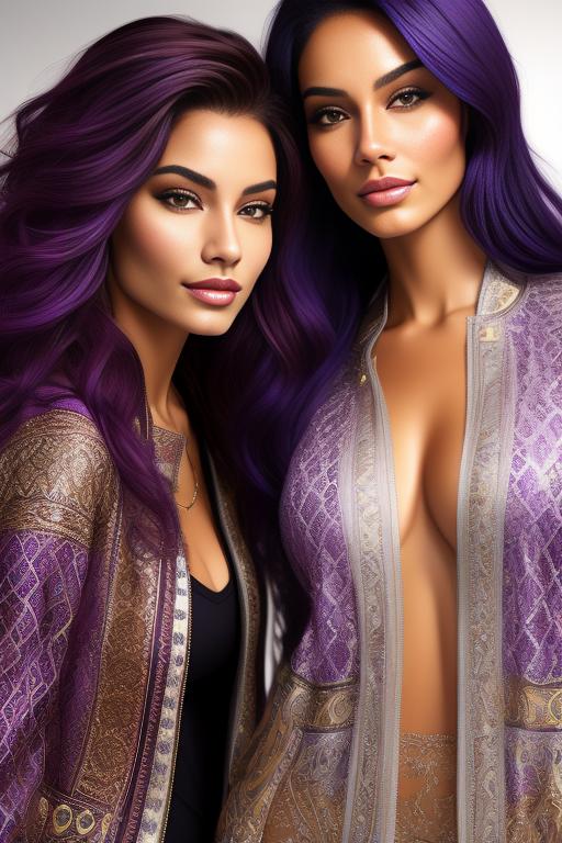 Image: Hair Color purple Ethnicity Moroccan Art Style bestquality hyperdetailed ultradetailed sfw sfw Nbrmodels Two top models Dressqty open jacket smiling   body close up