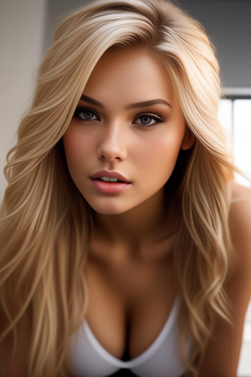 Image: russian blonde top model next to gaming pc  from below facecloseup hot