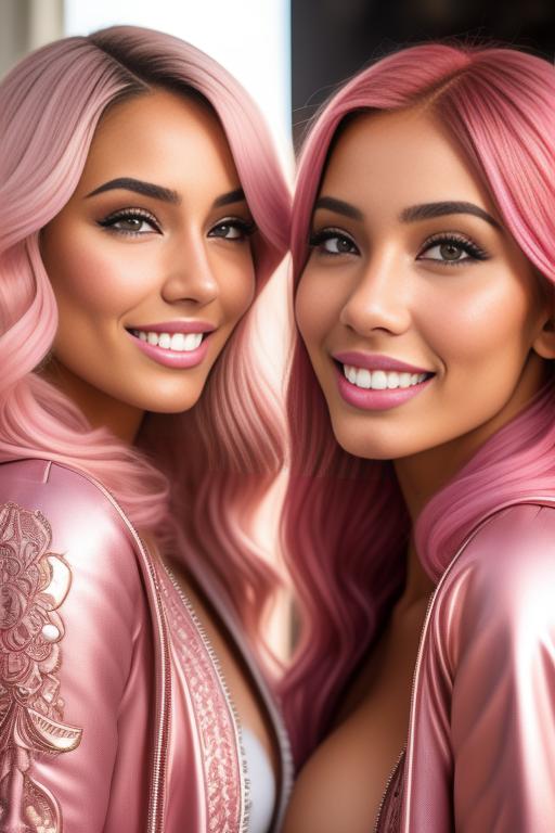 Image: Hair Color pastelPink Ethnicity Moroccan Art Style bestquality hyperdetailed ultradetailed Nsfw nsfw Nbrmodels Two top models Dressqty open jacket smiling  face close up